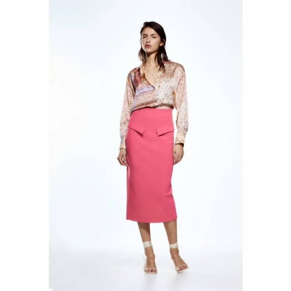 💕ZARA💕 Printed Satin Effect Shirt ~ Pink Multi-Color Paisley Print Medium